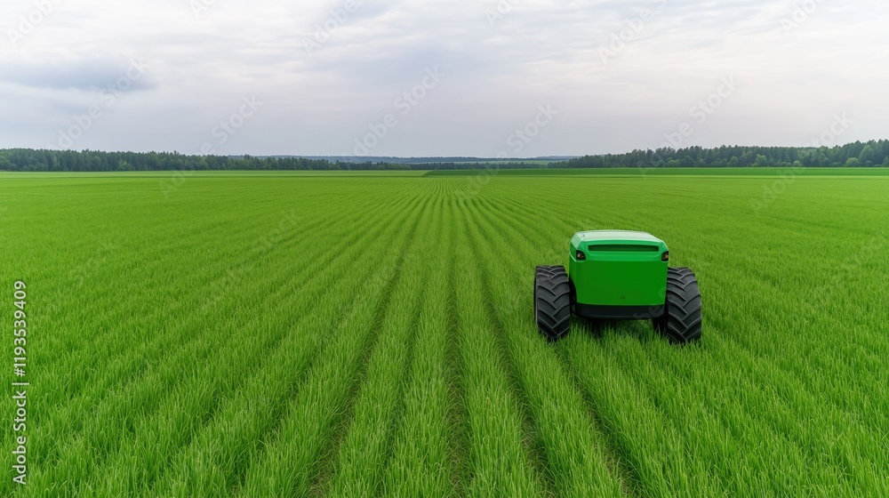 Autonomous Tractor with Artificial Intelligence in Green Field Under Cloudy Sky for Agricultural Innovation and Sustainable Farming Technology Concepts Autonomous Tractor with Artificial Intelligence in Green Field Under Cloudy Sky for Agricultural Innovation and Sustainable Farming Technology Concepts