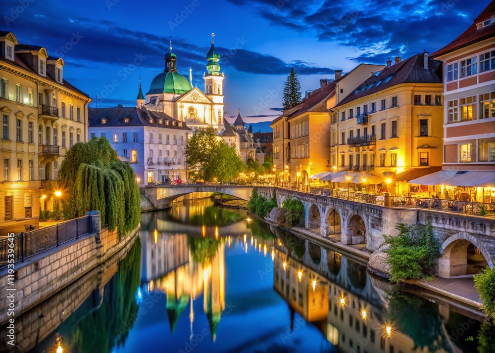 Obraz premium Ljubljana Old Town Night Photography: Charming River & Medieval Architecture