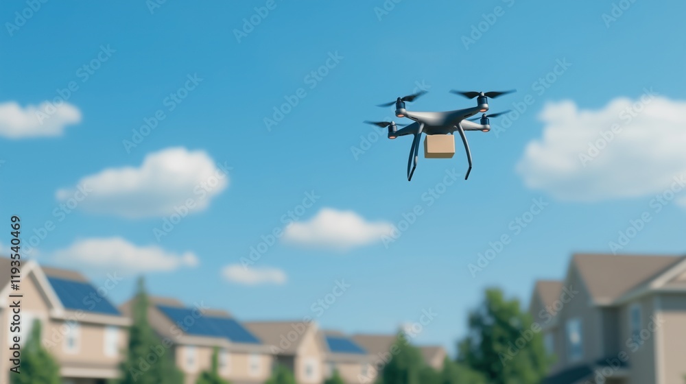 Drone Delivering Packages Over Suburban Neighborhood, Innovative Technology In Modern Logistics During Sunny Day With Blue Sky Backdrop Drone Delivering Packages Over Suburban Neighborhood, Innovative Technology In Modern Logistics During Sunny Day With Blue Sky Backdrop
