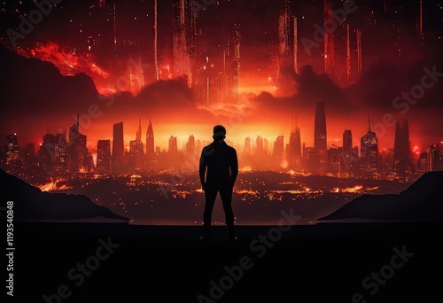 A man stands before a large screen with a city behind him