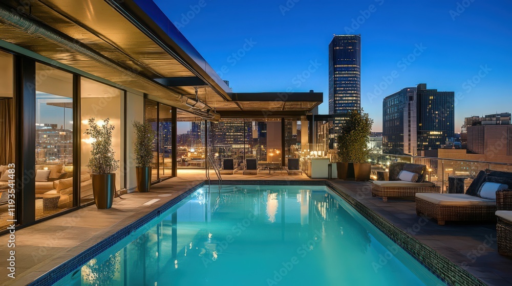 Fototapeta premium Rooftop pool and lounge with city view at dusk offering relaxation and sophistication