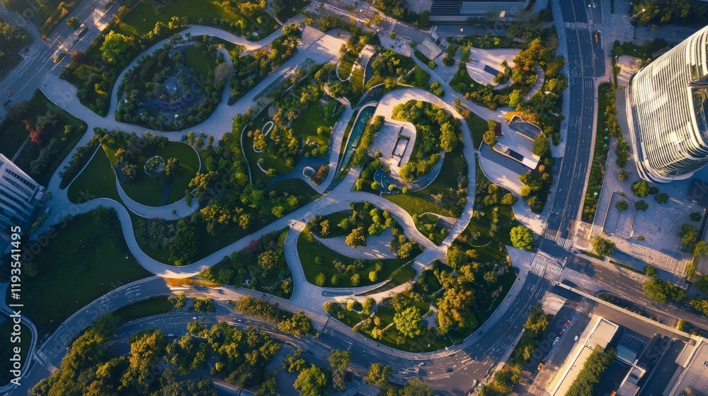 Aerial view of modern urban park with curved pathways and lush greenery Aerial view of modern urban park with curved pathways and lush greenery