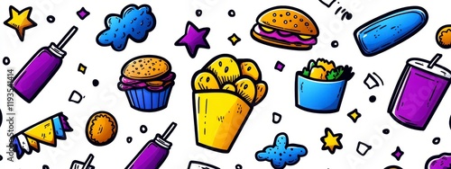 Colorful and playful food pattern featuring various snacks, drinks, and dessert illustrations for a fun design photo