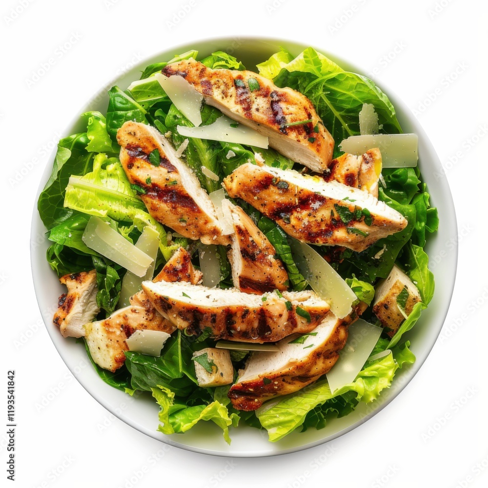 A bowl of fresh Caesar salad with grilled chicken strips, isolated white background, realistic art style A bowl of fresh Caesar salad with grilled chicken strips, isolated white background, realistic art style