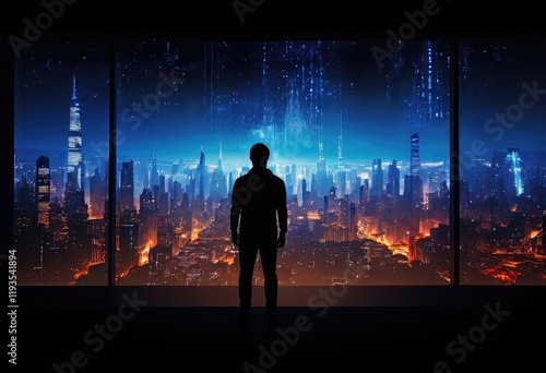 A man stands before a large window, admiring the citys night skyline