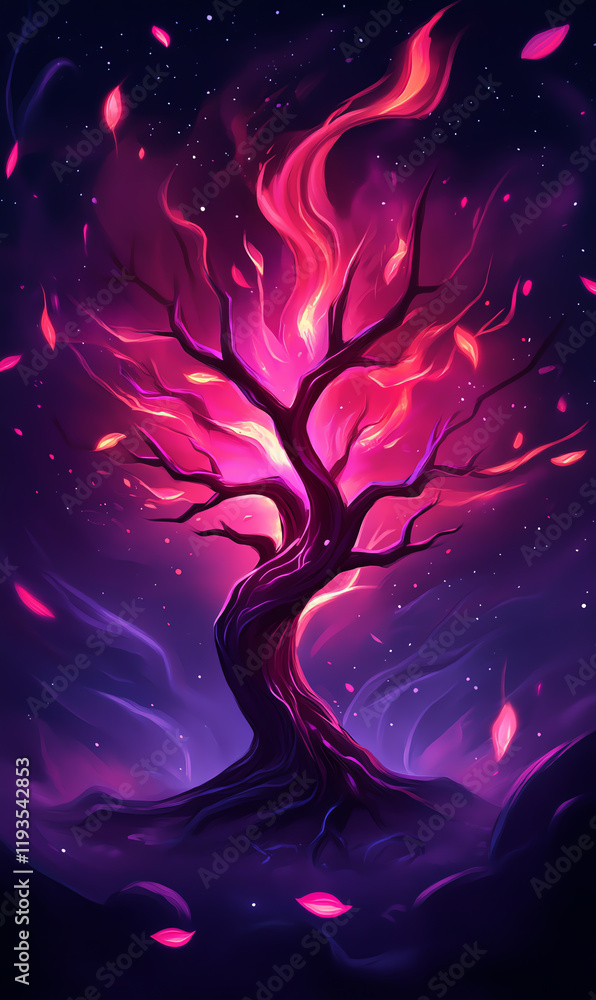A vibrant, mystical tree glowing in shades of pink, purple, and blue against a starry night sky, symbolizing magic and transformation. A vibrant, mystical tree glowing in shades of pink, purple, and blue against a starry night sky, symbolizing magic and transformation.