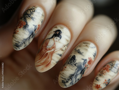 Stunning nail art showcasing a traditional Asian painting motif. photo