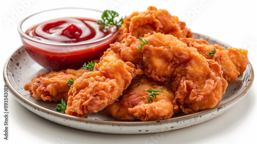 A delicious serving of crispy fried chicken with tangy ketchup dip. photo