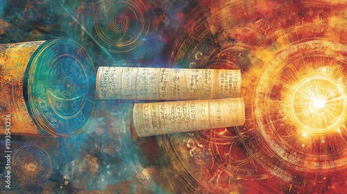 Vedic philosophy visualized ancient scrolls and cosmic diagrams highlighting spiritual wisdom and the philosophical principles of the Vedas photo