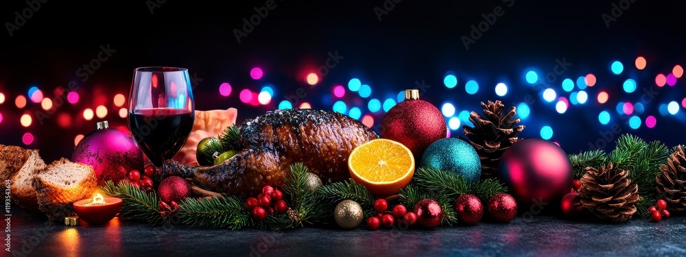 A festive holiday table setting featuring a beautifully roasted turkey, wine, and vibrant decorations amidst colorful lights A festive holiday table setting featuring a beautifully roasted turkey, wine, and vibrant decorations amidst colorful lights