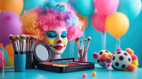  Circus clown’s makeup kit displayed on a dressing table, featuring bright greasepaint pots, brushes, and a handheld mirror. A playful setup for preparing for circus performances. photo