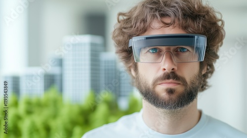 Investor Analyzing Futuristic City Model with Augmented Reality Glasses in Modern Setting with Focus on Smart Technology and Innovation