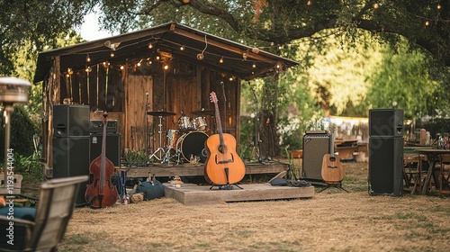 A rustic outdoor live music setup with a small stage, instruments, and speakers photo