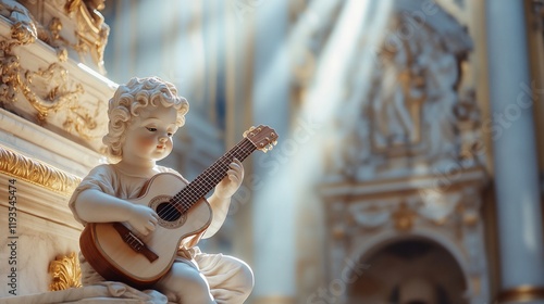 Cherubic angel plays guitar in ornate palace