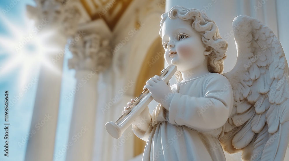 Naklejka premium Cherubic angel statue plays flute, church backdrop, religious art