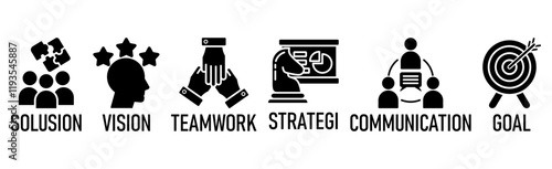 Leadership benner web icon vector illustration concept with icon of solusion, vision, teamwork, strategi, communication, goal