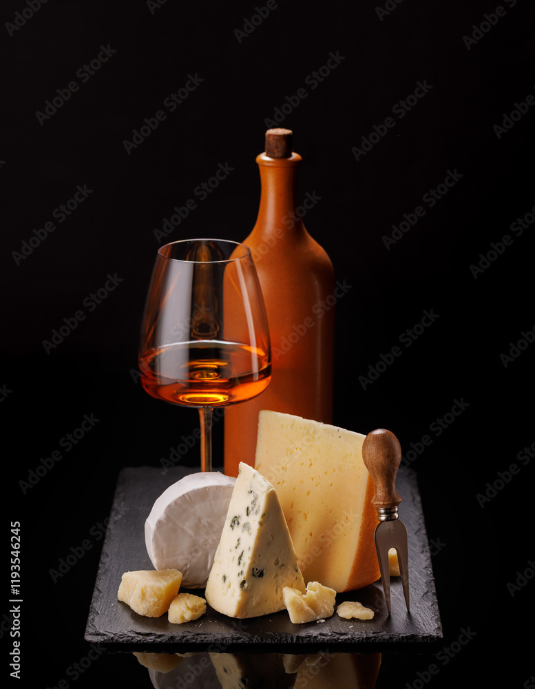 A refined selection of aged cheeses presented on a board, accompanied by a glass of wine