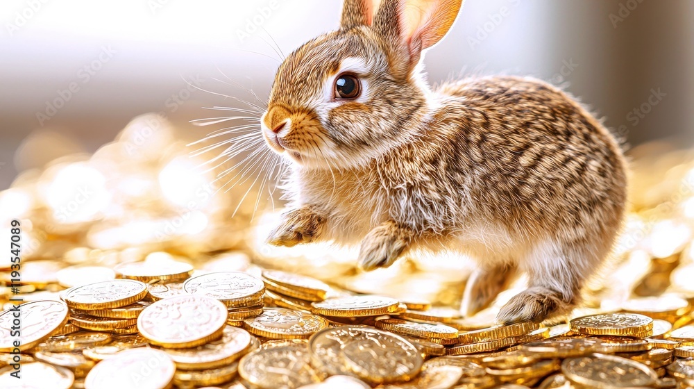 Rabbit leaps over a pile of gold coins in a bright setting symbolizing wealth and prosperity