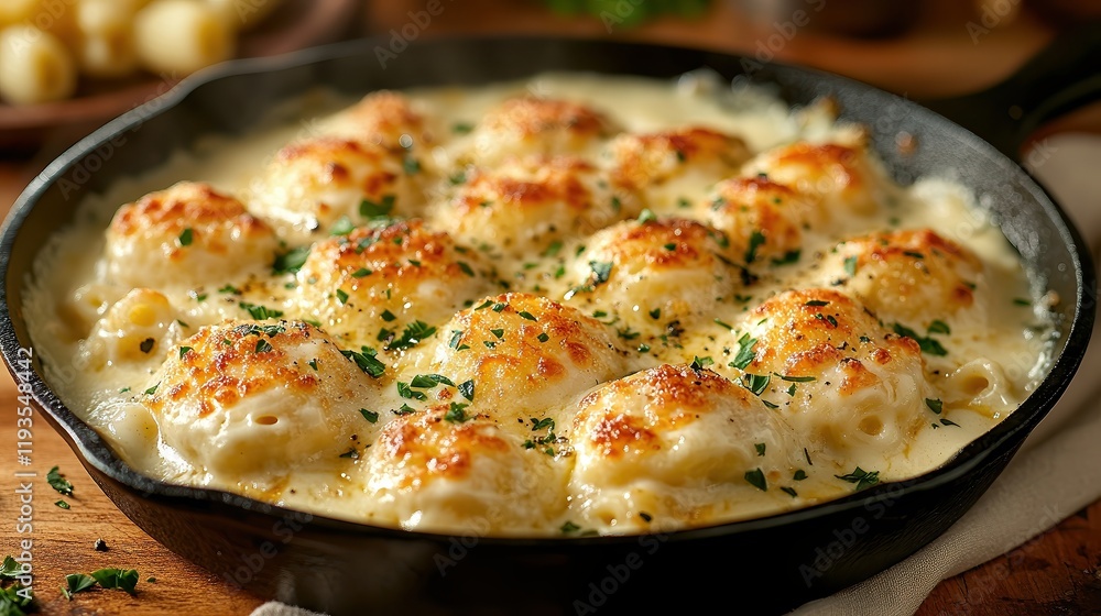 Creamy mac and cheese served in a cast-iron skillet, topped with melted golden-brown cheese and sprinkled with fresh herbs. A rich, comforting dish perfect for cozy dinners or gatherings. Creamy mac and cheese served in a cast-iron skillet, topped with melted golden-brown cheese and sprinkled with fresh herbs. A rich, comforting dish perfect for cozy dinners or gatherings.