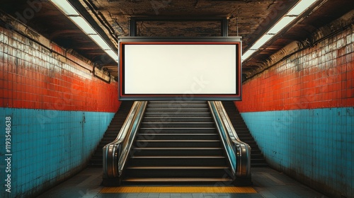 Next to a staircase in an underpass, a blank billboard template serves as an ideal OOH (Out-of-Home) media mockup, perfect for digital displays at train stations. photo