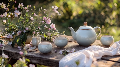 A rustic outdoor tea ceremony with porcelain teapots, cups, and blooming flowers photo