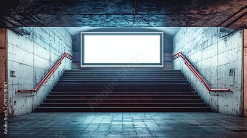 Next to a staircase in an underpass, a blank billboard template serves as an ideal OOH (Out-of-Home) media mockup, perfect for digital displays at train stations. photo