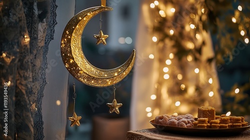  Gold crescent moon and star decorations hanging on a wall, with warm fairy lights casting a soft glow. Perfect for festive occasions like Ramadan, Eid, or spiritual celebrations. photo