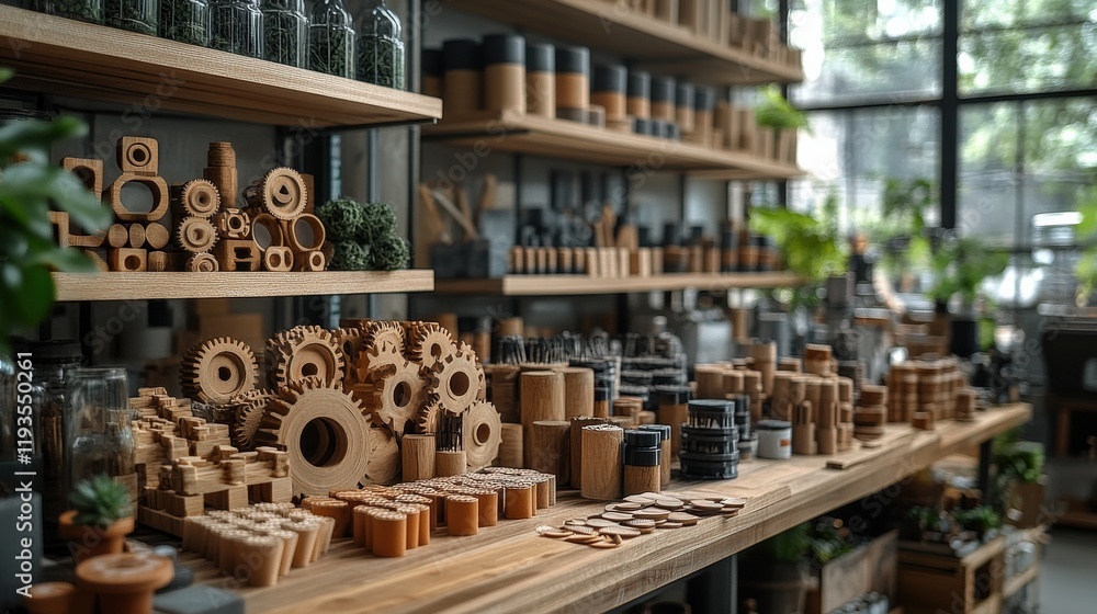 Aesthetic Display of Wooden Crafts and Decorative Items in a Contemporary Workshop Setting Featuring Natural Materials and Urban Design Elements Aesthetic Display of Wooden Crafts and Decorative Items in a Contemporary Workshop Setting Featuring Natural Materials and Urban Design Elements