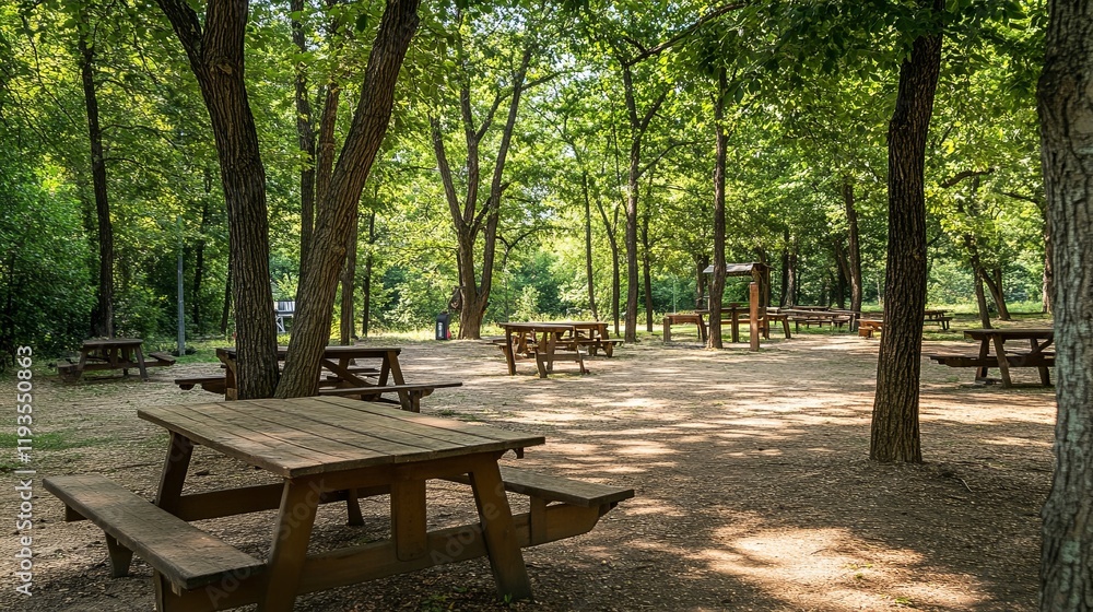 A rustic picnic area with wooden tables, barbecue pits, and tall trees providing shade A rustic picnic area with wooden tables, barbecue pits, and tall trees providing shade