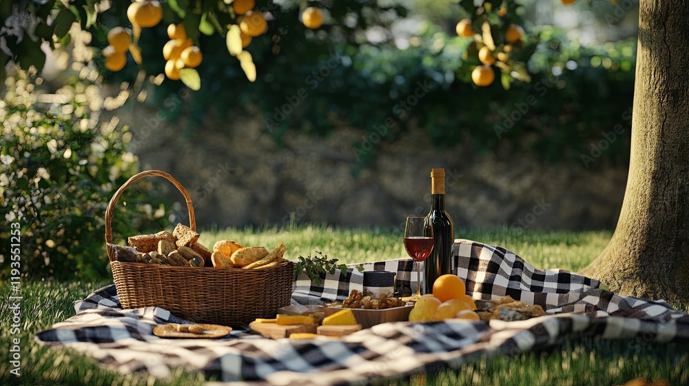 A rustic picnic scene with a checkered blanket, a basket of snacks, and a bottle of wine A rustic picnic scene with a checkered blanket, a basket of snacks, and a bottle of wine