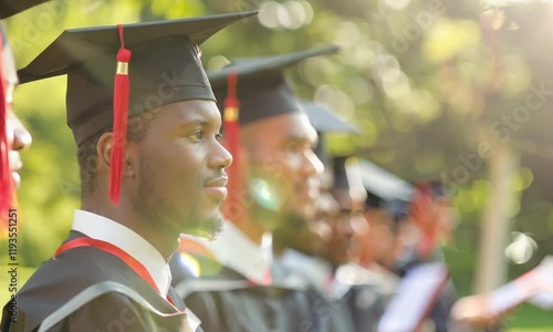 A happy smiling black university graduate wearing glasses, a black graduation cap and gown, joyfully looks at the camera. Happy college graduate students, education success concept, copy space