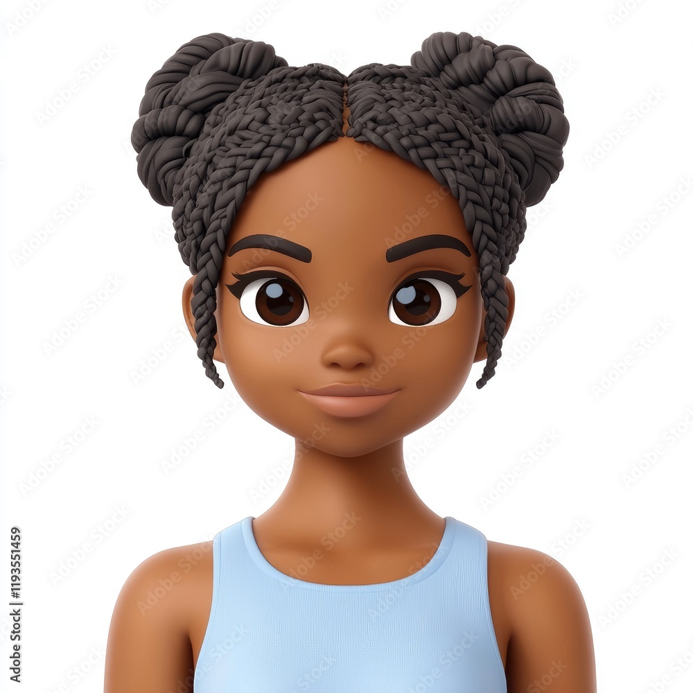 3D memoji representation of an African American woman with braided buns and a confident expression on a white background 3D memoji representation of an African American woman with braided buns and a confident expression on a white background