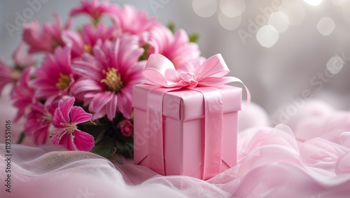 A pink gift box with a ribbon beside a pink flower arrangement. 