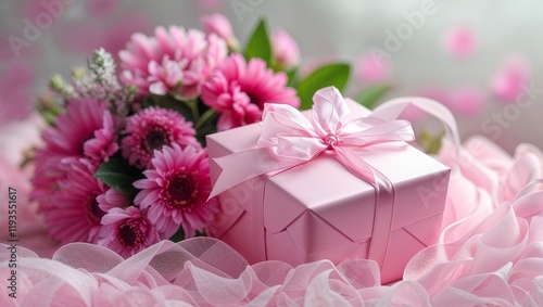A pink gift box with a ribbon beside a pink flower arrangement. 
