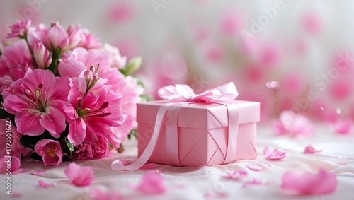 A pink gift box with a ribbon beside a pink flower arrangement. 