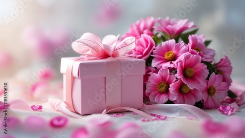 A pink gift box with a ribbon beside a pink flower arrangement. 