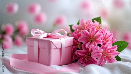 A pink gift box with a ribbon beside a pink flower arrangement. 