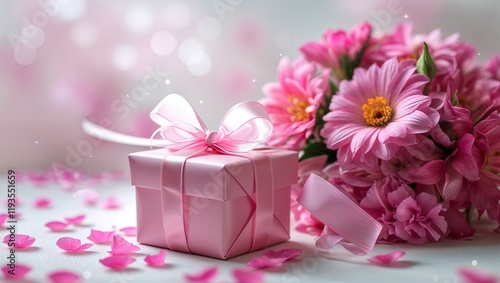 A pink gift box with a ribbon beside a pink flower arrangement. 