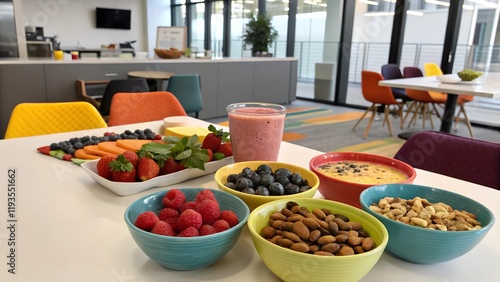 This image showcases a vibrant and healthy breakfast or snack spread laid out on a white table in a modern office or break room setting