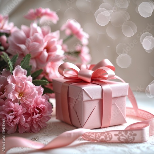 A pink gift box with a ribbon beside a pink flower arrangement. 
