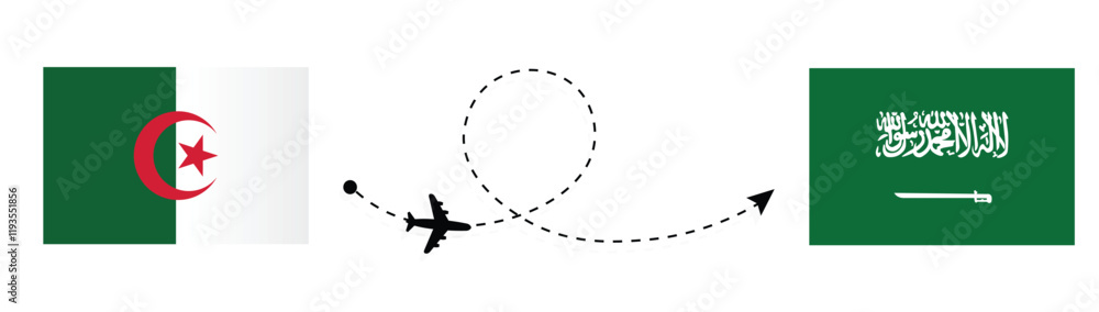 Algeria to Saudi Arabia flight travel by airplane concept . Algiers to Riyadh passenger travelling by air concept . Algeria and South Africa flags Algeria to Saudi Arabia flight travel by airplane concept . Algiers to Riyadh passenger travelling by air concept . Algeria and South Africa flags