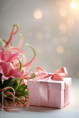 A pink gift box with a ribbon beside a pink flower arrangement. 