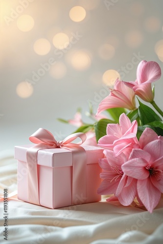 A pink gift box with a ribbon beside a pink flower arrangement. 