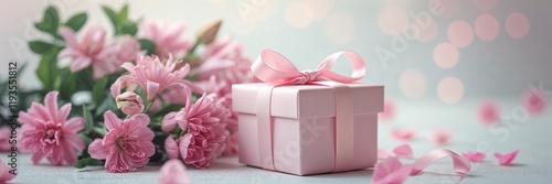 A pink gift box with a ribbon beside a pink flower arrangement. 