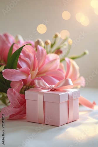A pink gift box with a ribbon beside a pink flower arrangement. 