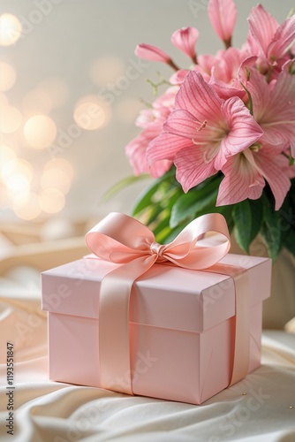 A pink gift box with a ribbon beside a pink flower arrangement. 