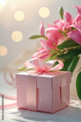A pink gift box with a ribbon beside a pink flower arrangement. 