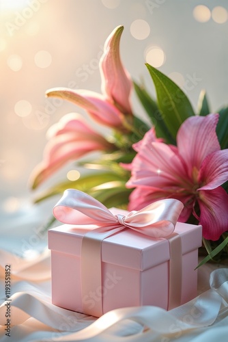 A pink gift box with a ribbon beside a pink flower arrangement. 