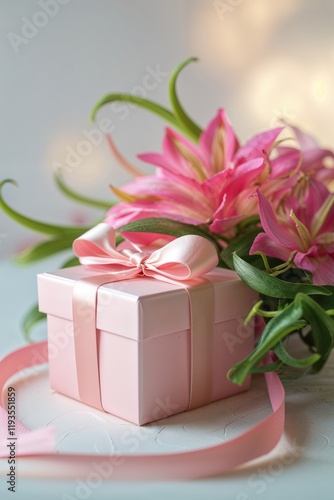 A pink gift box with a ribbon beside a pink flower arrangement. 
