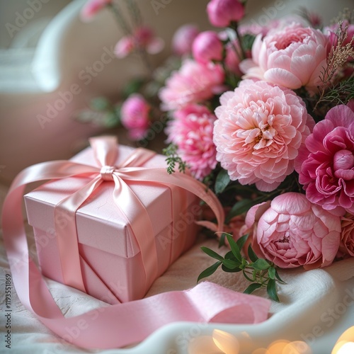A pink gift box with a ribbon beside a pink flower arrangement. 